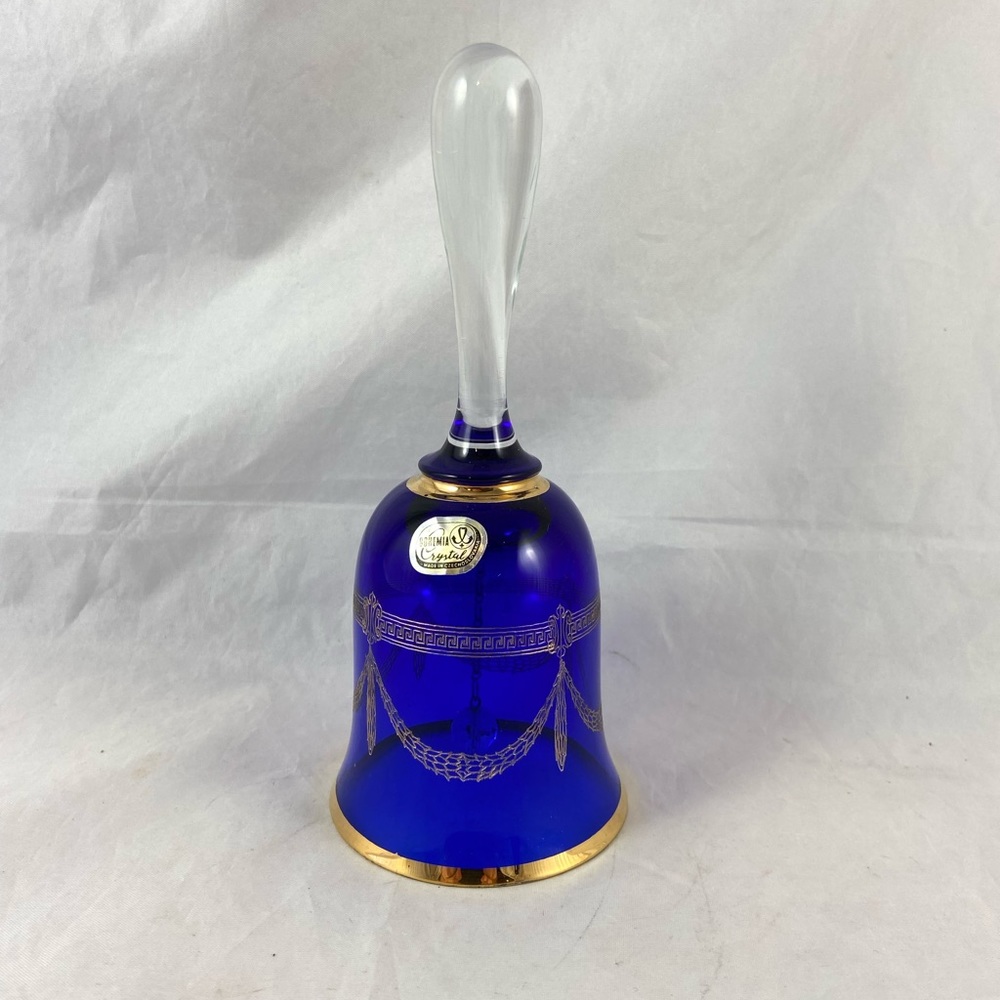 Bohemia Crystal Glass Cobalt Blue & Gold Dinner Bell 7”  Made In Czechoslovakia